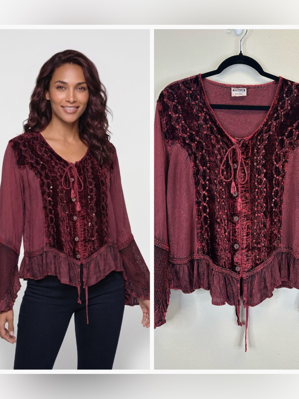 Vintage 90s Embroidered Velvet Ruffle Blouse One Size Hippie Gypsy Boho Festival
